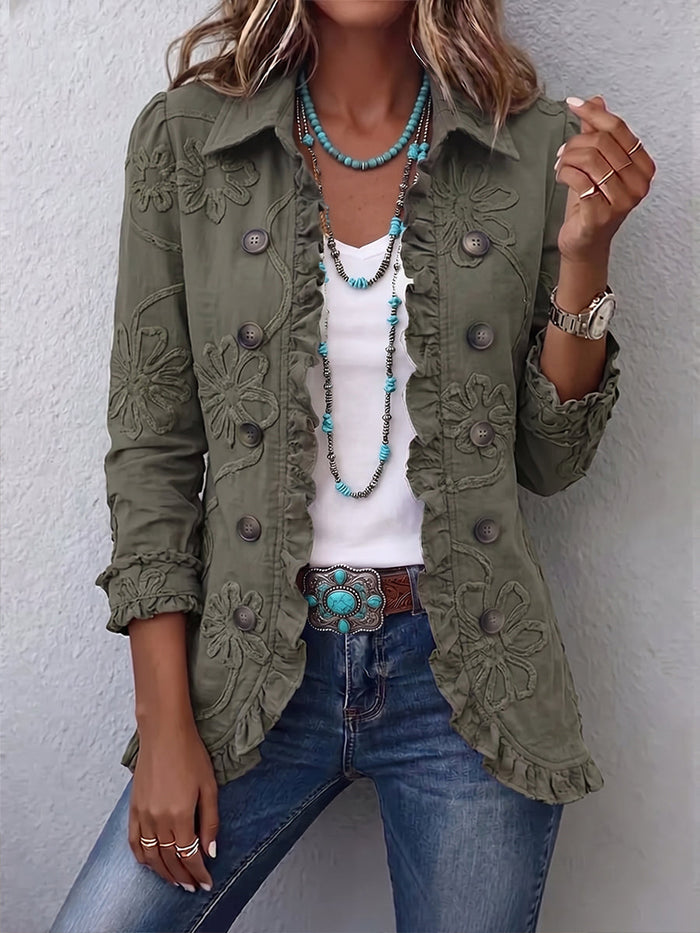 Alexandrine | Boheemse-Chic Geborduurde Retro Groene Bloemenjas met Ruches