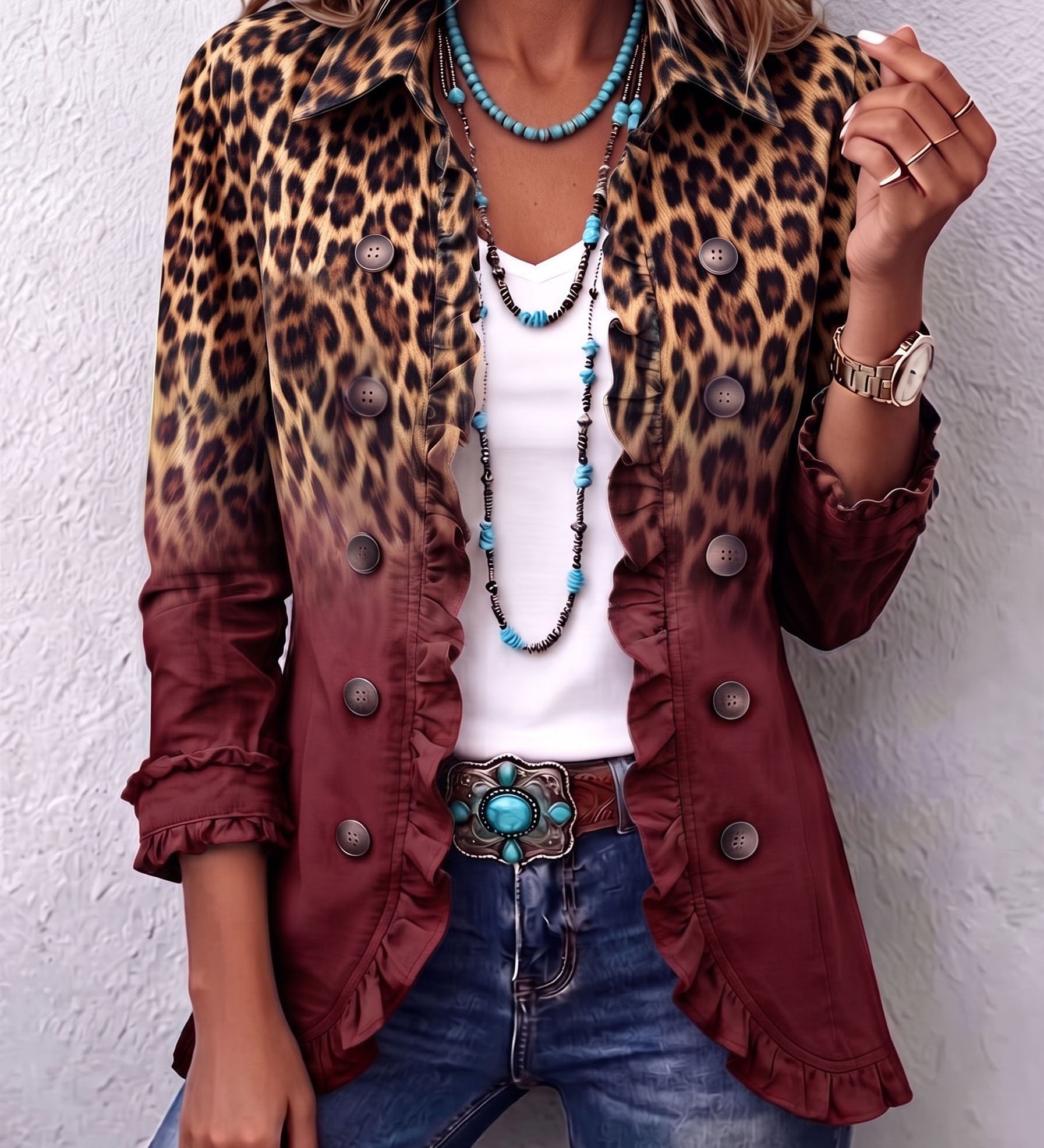 Béatrice | Blazer Luipaard Verloop Turquoise met Volants